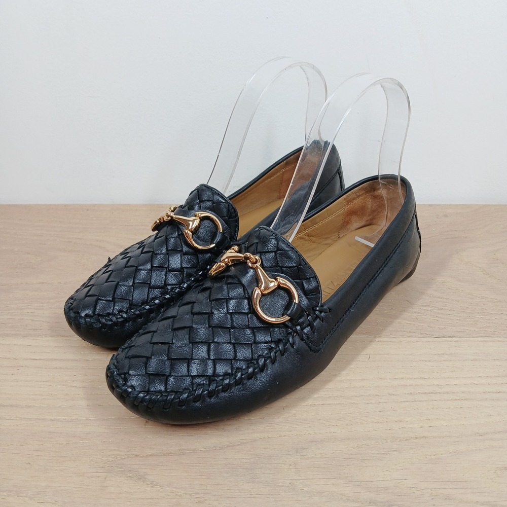 Robert Zur Loafers Women 6 Black Leather Woven Horsebit Moc Toe Classic Preppy